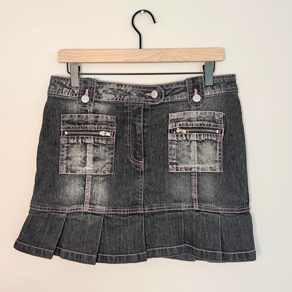 VTG Zoey Beth 90s Denim Black Pink Pleated Mini Skirt Goth Y2K Low Rise SZ L